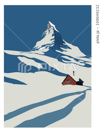 晴れた日のマッターホルンと冬の山小屋 晴れた日のマッターホルンと冬の山小屋 109049232