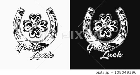 St Patricks Day label with golden horseshoe, four leaves shamrock, clover, text Good Luck. For prints, clothing, t shirt, surface design. Vintage illustration on black, white background 109049396