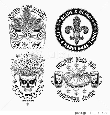 Carnival Mardi Gras labels with mask, skull, holiday food, Fleur de Lis sign, text Vintage illustrations on white background. For prints, clothing, t shirt, holiday goods, stuff, surface design 109049399