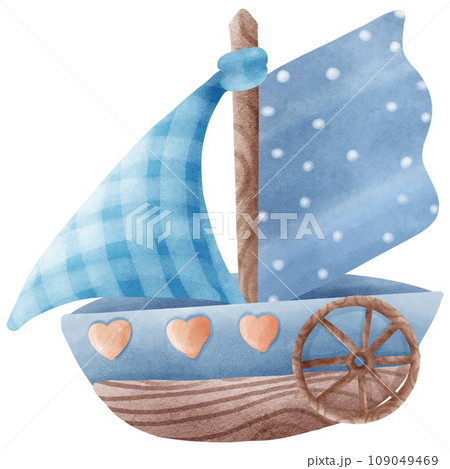 Watercolor painting of a blue boy's toy sailboat for his son. Watercolor painting of a blue boy's toy sailboat for his son. 109049469