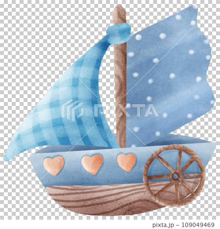 Watercolor painting of a blue boy's toy sailboat for his son. Watercolor painting of a blue boy's toy sailboat for his son. 109049469