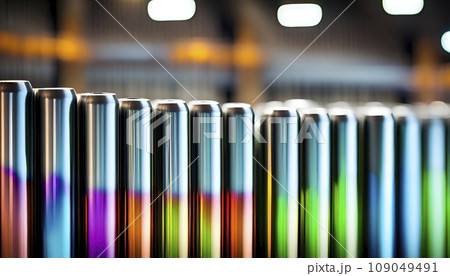 Close-up of colorful reflective industrially manufactured metal parts stored next to each other after production - AI generated 109049491