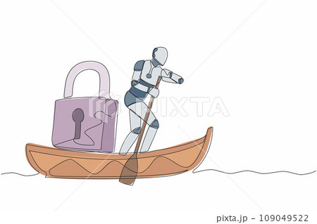 Single one line drawing robot sailing away on boat with padlock. Security and shipping business protection. Modern robotic artificial intelligence. Continuous line design graphic vector illustration 109049522