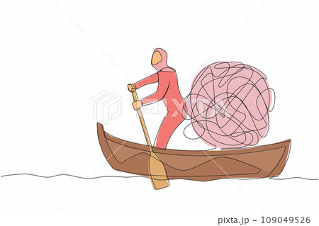 Single one line drawing Arab businesswoman standing in boat and sailing with messy mind ball round structure. Stressful, anxiety, psychological problem. Continuous line design vector illustration 109049526