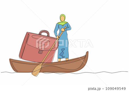 Single continuous line drawing Arab businesswoman standing in boat and sailing with briefcase. Success male manager on summer vacation. Escape from routine. One line graphic design vector illustration 109049549