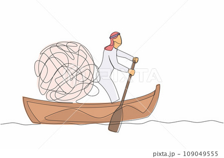 Continuous one line drawing Arab businessman sailing away on boat with messy line. Stressed office worker escape from chaotic or anxiety minded. Mental health. Single line design vector illustration Continuous one line drawing Arab businessman sailing away on boat with messy line. Stressed office worker escape from chaotic or anxiety minded. Mental health. Single line design vector illustration 109049555