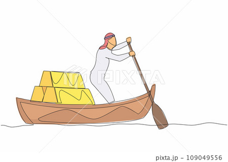 Continuous one line drawing Arab businessman sailing away on boat with stack of golden bullion. Gold investment concept. Office worker planning future finance. Single line design vector illustration 109049556