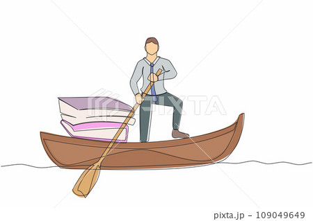 Single one line drawing businessman standing in boat and sailing with pile of papers. Manager escape from stack of documents, paperwork, overworked. Continuous line graphic design vector illustration 109049649
