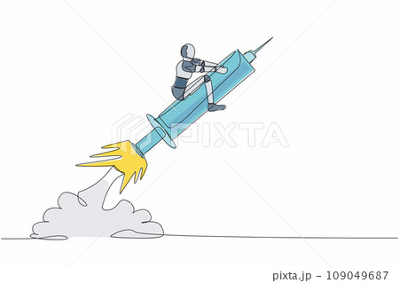 Continuous one line drawing robot riding syringe rocket flying in the sky. Boosting health with tech. Robot cybernetic organism. Future robotic development. Single line draw design vector illustration 109049687
