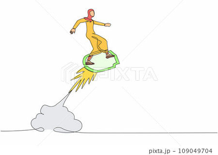 Single one line drawing Arabian businesswoman riding shield rocket flying in the sky. Business security acceleration to save financial growth. Continuous line draw design graphic vector illustration Single one line drawing Arabian businesswoman riding shield rocket flying in the sky. Business security acceleration to save financial growth. Continuous line draw design graphic vector illustration 109049704