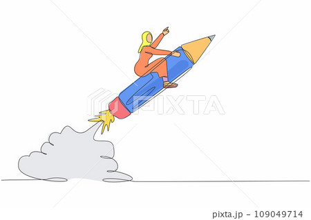 Single one line drawing Arab businesswoman riding pencil rocket flying in sky. Creativity idea lead the way, education or knowledge help career development. Continuous line design vector illustration 109049714