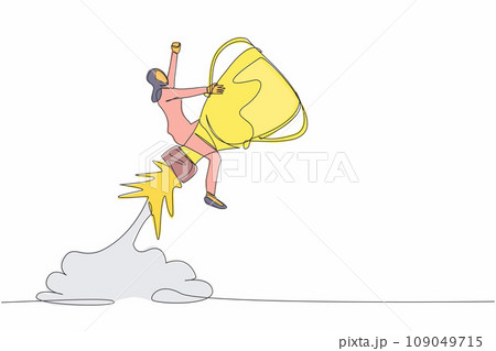 Single continuous line drawing Arabian businesswoman riding trophy rocket flying in the sky. Accelerate business strategy to win competition. Achievement goal. One line draw design vector illustration 109049715