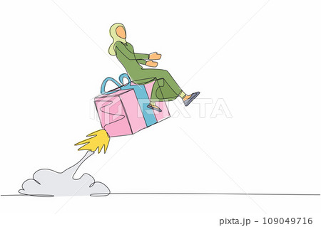 Single continuous line drawing Arab businesswoman riding gift box rocket flying in the sky. Package cardboard box with attached rockets. Big box with booster. One line draw design vector illustration 109049716