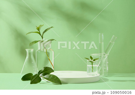 Front view of white podium with green tea leaves and lab equipments decorated on green background. Space to place your product. Laboratory concept for advertising organic cosmetic Front view of white podium with green tea leaves and lab equipments decorated on green background. Space to place your product. Laboratory concept for advertising organic cosmetic 109050016