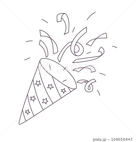 Hand drawn poppers with confetti and ribbons. Festive, celebration decorative element. Outline doodle vector black and white illustration isolated on a white background. 109050447