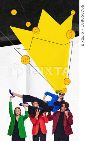 Contemporary art collage. Young man dressed in smart casual outfits raised their leader with crown and coins. Modern minimal bright design. 109050706