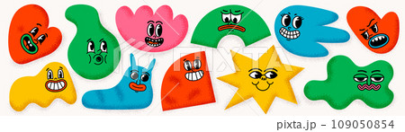 Retro cartoon organic shape funny faces. Groovy vintage 30s 60s 70s minimalistic faces with various emotions on abstract shapes Retro cartoon organic shape funny faces. Groovy vintage 30s 60s 70s minimalistic faces with various emotions on abstract shapes 109050854