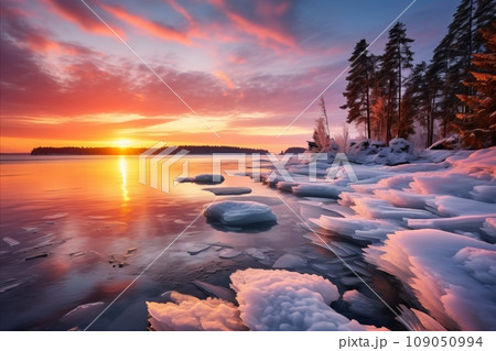 Breathtaking Winter Landscape. Snow-Blanketed Trees, Serene Frozen Lake, and Majestic Vibrant Sunset Breathtaking Winter Landscape. Snow-Blanketed Trees, Serene Frozen Lake, and Majestic Vibrant Sunset 109050994