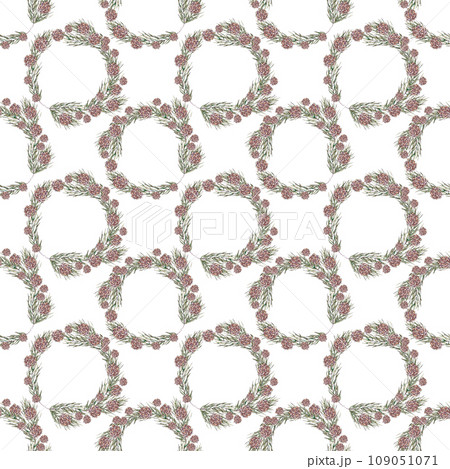 Pine wreaths with cones. Watercolor pattern for Christmas pillows and tablecloths Pine wreaths with cones. Watercolor pattern for Christmas pillows and tablecloths 109051071