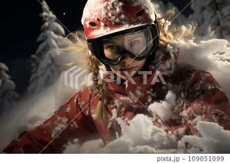 Stunning Portrait of a Beautiful Girl in a Snowflake-Adorned Ski Suit - Winter Fashion 109051099