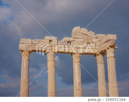 travel to ancient city of Side, Antalya coast of Turkey in tourist low season. Ruins of the Temple of Apollo in Side 109051166