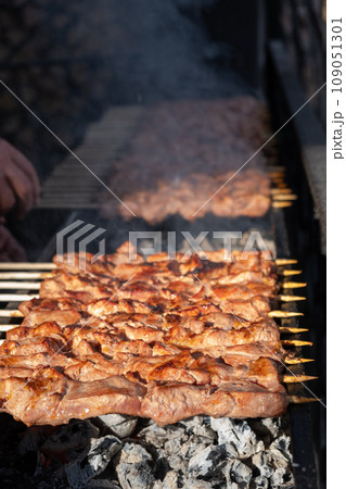 A lot of juicy meat kebabs in a row on the grill. Meat pieces strung on wooden skewers on the grill. The process of cooking kebabs with a lot of smoke. Cooking in nature A lot of juicy meat kebabs in a row on the grill. Meat pieces strung on wooden skewers on the grill. The process of cooking kebabs with a lot of smoke. Cooking in nature 109051301
