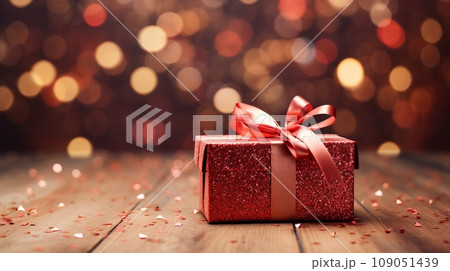 Brilliant Holiday Surprise. Exquisite Present with Crimson Bow, Resting Gracefully in a red Box, Amid Sparkling Holiday Lights Brilliant Holiday Surprise. Exquisite Present with Crimson Bow, Resting Gracefully in a red Box, Amid Sparkling Holiday Lights 109051439