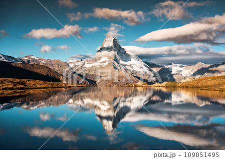 Matterhorn mountain reflected on Lake Stellisee in the morning at Zermatt, Switzerland 109051495