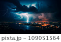 Lightning above the lake. Lightning thunderstorm flash over the night sky over the city. Beautiful view of dramatic dark stormy sky  109051564