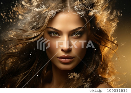 Snow-Kissed Elegance. Enchanting portrait of a stunning girl with snow-dusted flowing tresses. 109051652