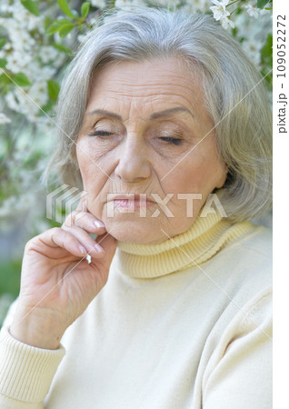 Close up portrait of unhappy senior woman Close up portrait of unhappy senior woman 109052272
