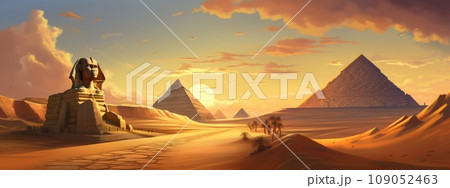 スフィンクスとピラミッドが並ぶエジプト風のパノラマ：AI作品 109052463
