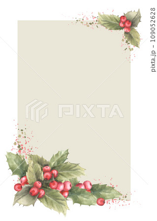 Watercolor painted card of holly leaves and red berries with aquarelle splashes. Traditional plant for Christmas or New Year decor, winter, holiday celebrate print design. Isolated, light background 109052628