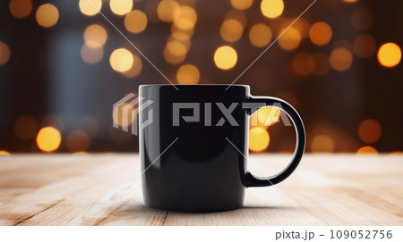 Black Mug Mockup Against the Background of Blurred Lights Black Mug Mockup Against the Background of Blurred Lights 109052756