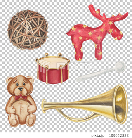 A set of New Year and Christmas watercolor illustrations with toys, treats and decorations 109052828