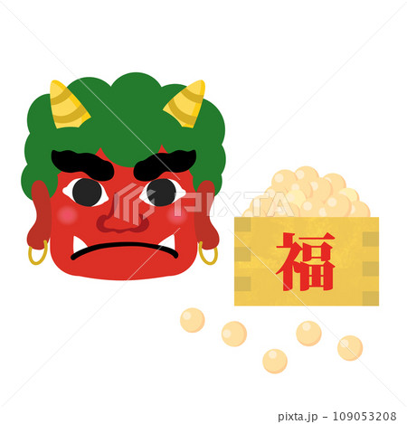 【節分素材】赤鬼の顔と枡に入った福豆 109053208