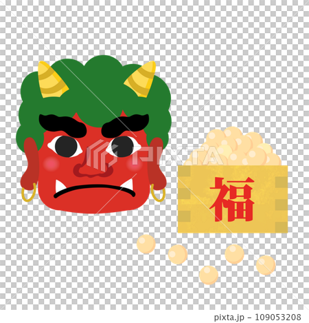 【節分素材】赤鬼の顔と枡に入った福豆 109053208