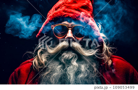 Man wearing sunglasses and santa hat with smoke coming out of his beard. Generative AI 109053499