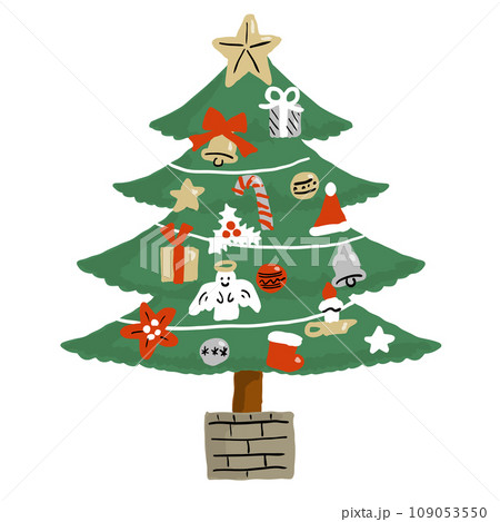 大きな星と色んな飾りを飾ったクリスマスツリー 109053550