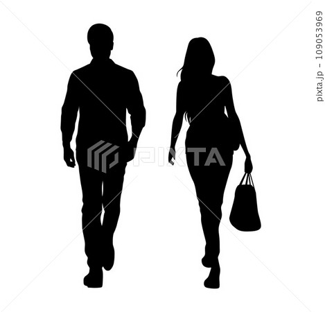 Man and woman walking forward, couple walking isolated vector silhouette, front view 109053969