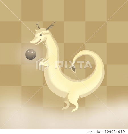 格子模様の背景と雲の上の宝珠をあやつる龍 109054059