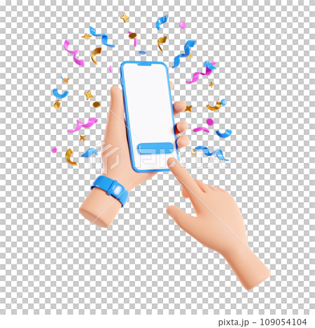 Human hand holding mobile phone with confetti 3d render. Smartphone mockup with white blank screen and color gold and purple ribbons, stars and streamers flying in air for surprise or winner concept. Human hand holding mobile phone with confetti 3d render. Smartphone mockup with white blank screen and color gold and purple ribbons, stars and streamers flying in air for surprise or winner concept. 109054104