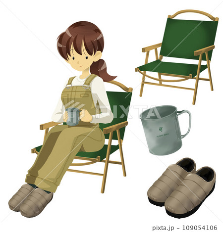 キャンプを楽しむ女性とキャンプ道具 109054106