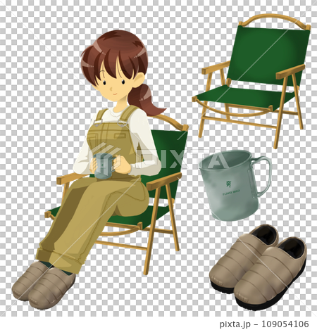 キャンプを楽しむ女性とキャンプ道具 109054106
