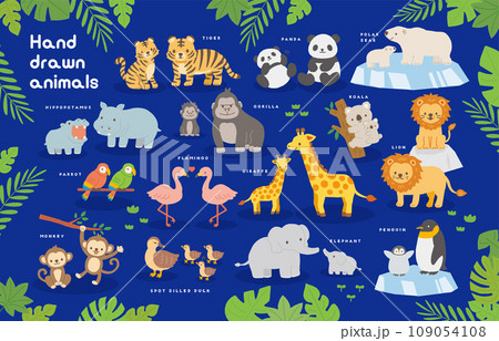 動物園にいるかわいい動物たちのイラスト_背景青 109054108