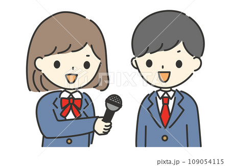 学校で男子学生にインタビューをする女子学生 109054115