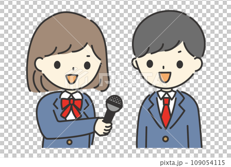学校で男子学生にインタビューをする女子学生 109054115
