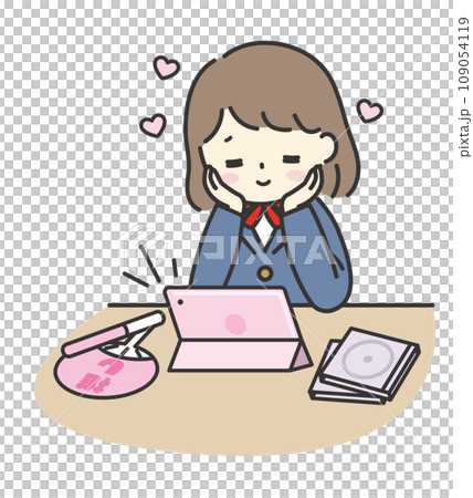 A female student works hard while watching videos on a tablet 109054119