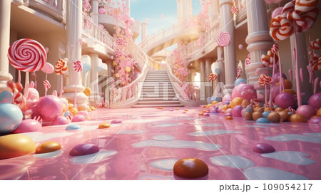 Wonderful fantasy pink castle for fairytale princess. Elegant towers, columns and stairs decorated with giant lollipops, candies and sweets. A fairytale dream castle for all little children. Wonderful fantasy pink castle for fairytale princess. Elegant towers, columns and stairs decorated with giant lollipops, candies and sweets. A fairytale dream castle for all little children. 109054217