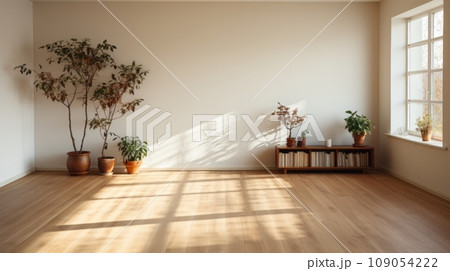 Interior of modern minimalist living room. White empty walls, hardwood floor, bookshelf, indoor plants in pots, large window. Mock up. Interior of modern minimalist living room. White empty walls, hardwood floor, bookshelf, indoor plants in pots, large window. Mock up. 109054222